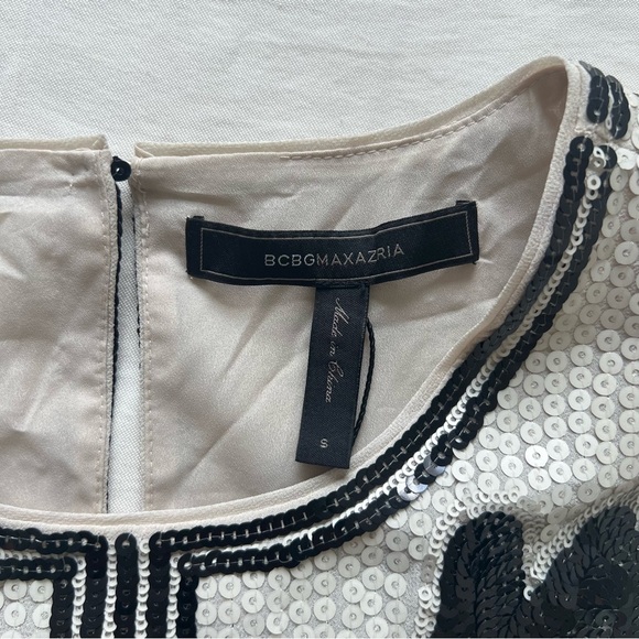 NWT BCBGMaxAzria Geri Cream Black Sequin Mini Shift Dress Size Small - Picture 5 of 11